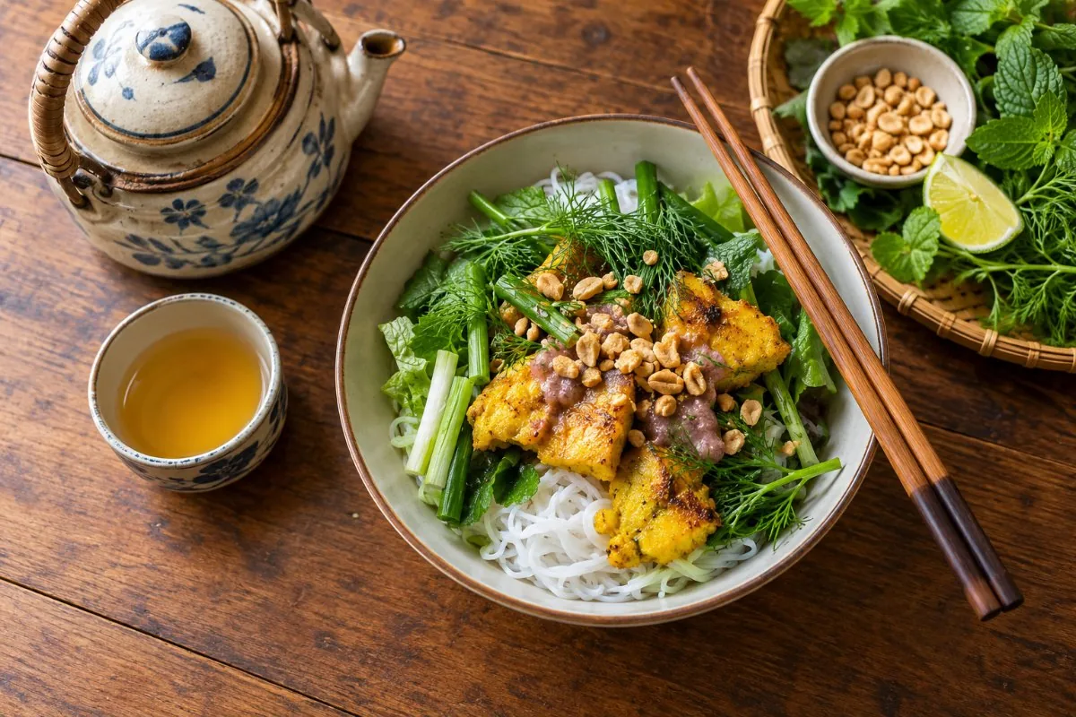 Bowl of vermicelli with turmeric fish, dill, peanuts and shrimp paste beside a teapot