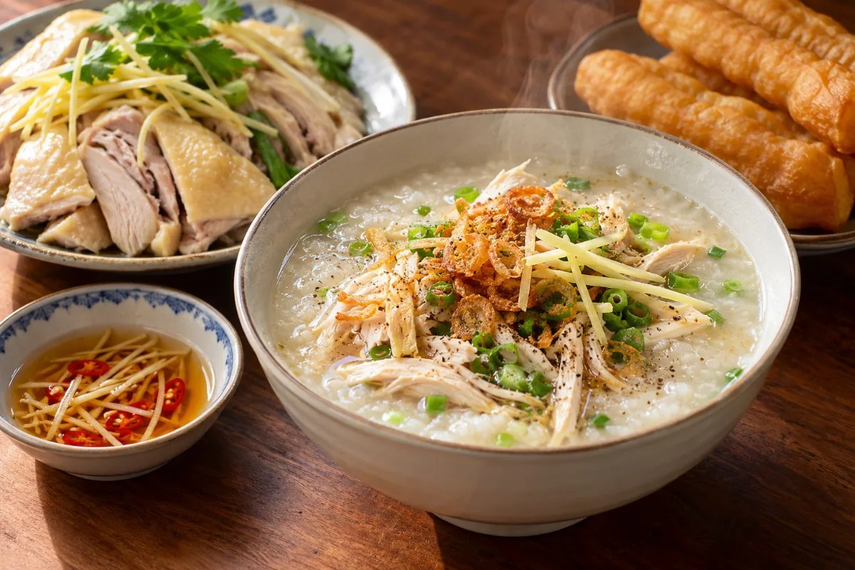 Chicken rice porridge with fried shallots, ginger and scallions, fried dough sticks on the side