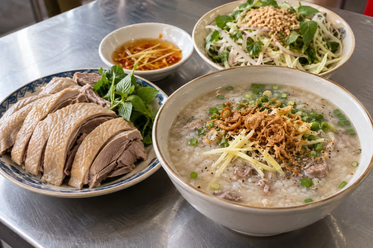 Duck rice porridge with sliced duck, ginger fish sauce and a cabbage herb salad