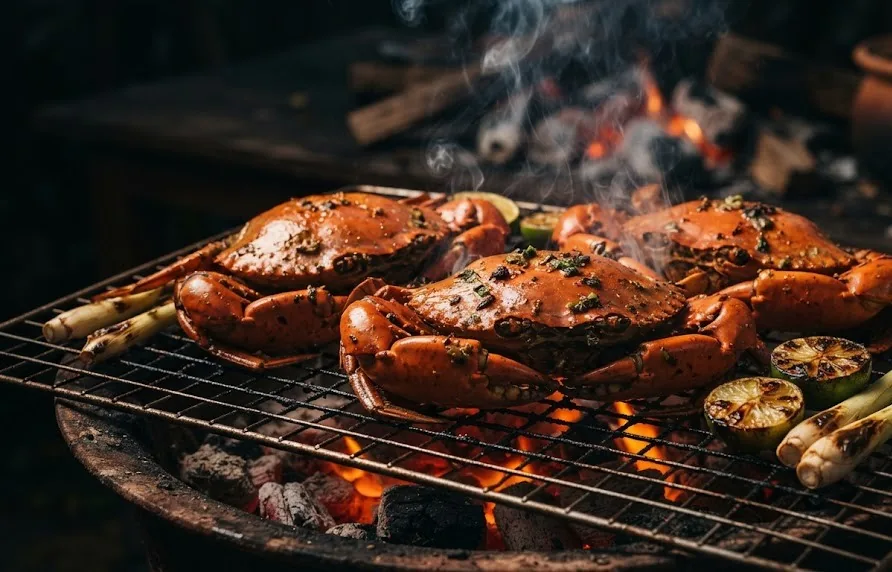 Whole crabs grilling shell-on over glowing charcoal with lemongrass and lime