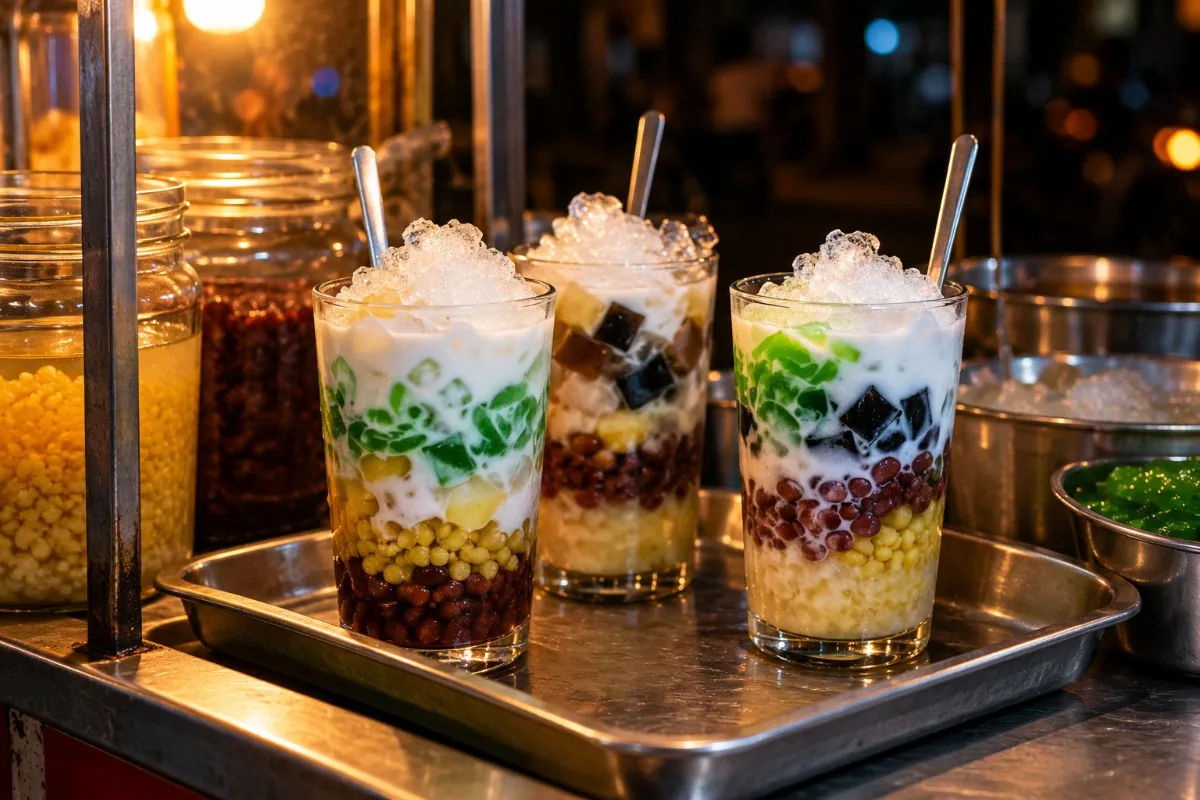 Glasses of layered che sweet soup with beans, jellies, coconut milk and ice on a cart