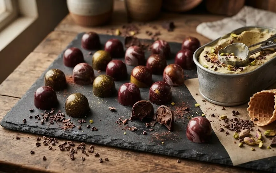 Slate board of glossy hand-painted chocolate bonbons beside a tub of pistachio gelato and a cone