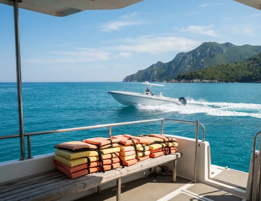 Speedboat heading toward a mountainous island seen from a boat deck with life jackets