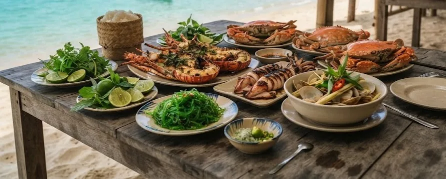 Beachside table of grilled lobster, crabs, squid, clams and seaweed salad