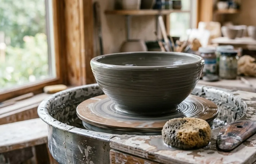 Freshly thrown grey clay bowl on a potter wheel with a sponge and wooden tool