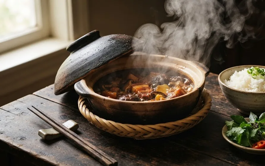 Earthenware clay pot with its lid tilted open and steam rising, beside a bowl of rice and herbs