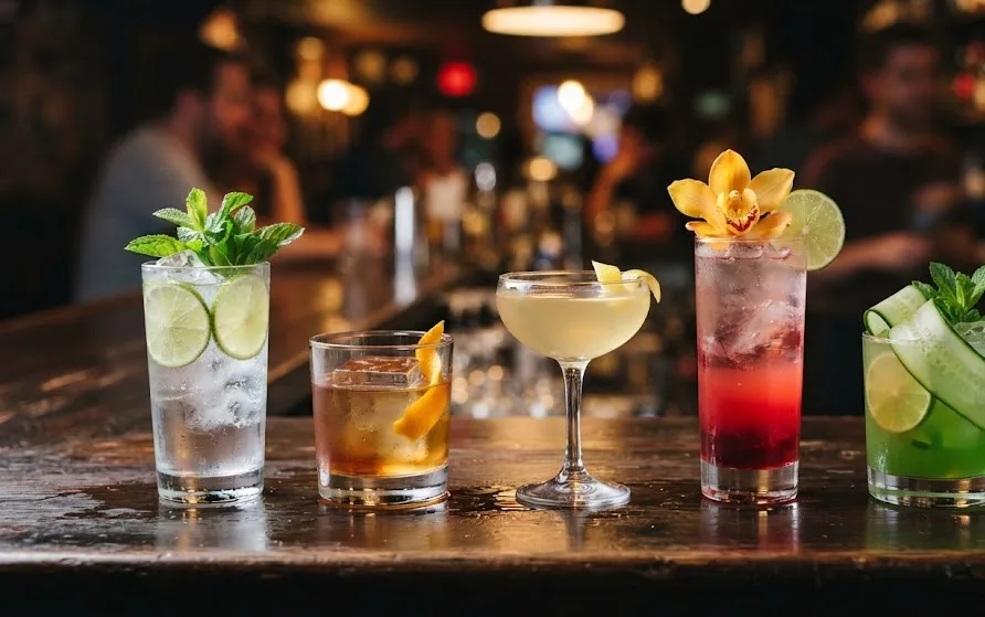 Row of five garnished cocktails on a dark bar counter with warm bokeh lights behind