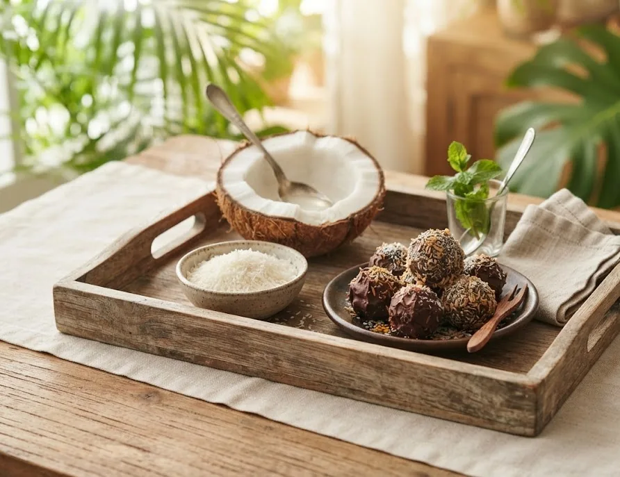 A halved coconut, shredded coconut and chocolate truffles rolled in toasted coconut on a wooden tray