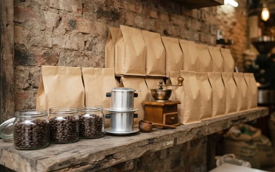 Shelf of plain kraft coffee bags, jars of whole beans, stacked phin filters and a hand grinder
