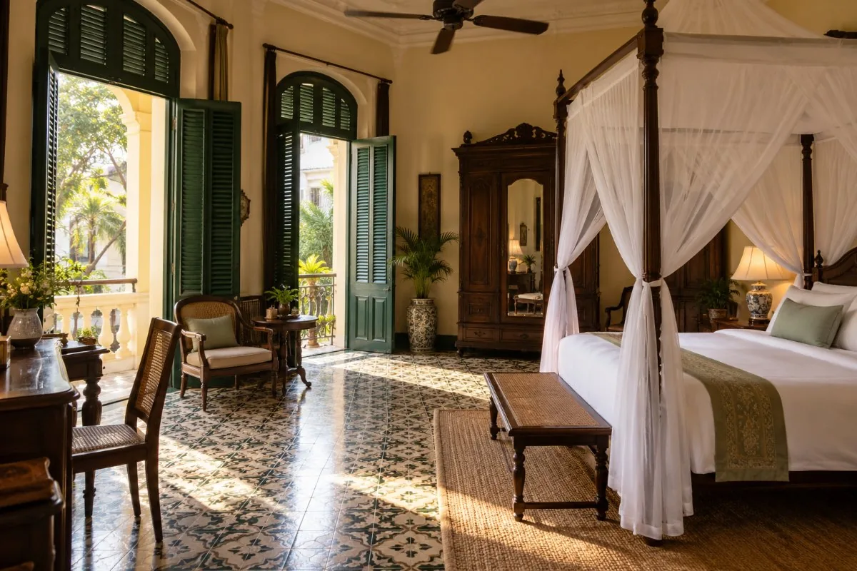Heritage room with cement tile floor, canopy bed, antique wardrobe and tall green shutters