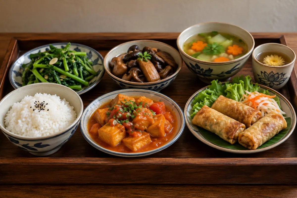 Vegetarian meal tray with rice, tofu in tomato sauce, mushrooms, greens, spring rolls and soup