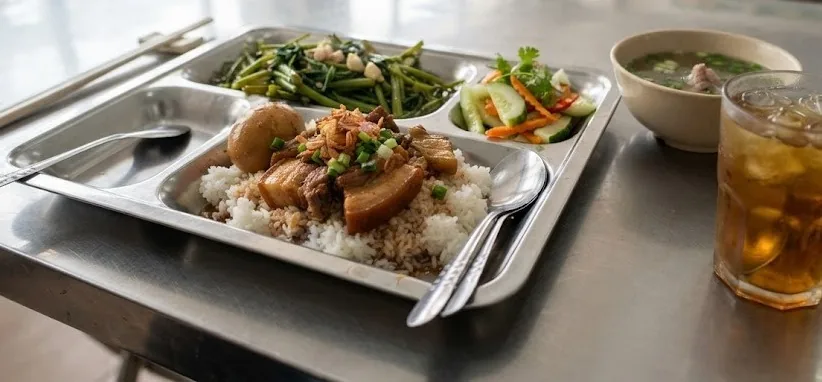 Steel lunch tray of rice with braised pork and egg, greens, pickles, soup and iced tea