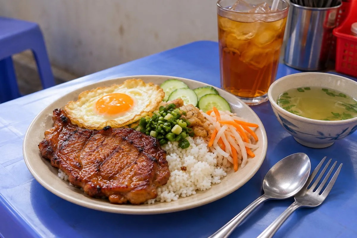 Broken rice plate with grilled pork chop, fried egg, pickles, soup and iced tea