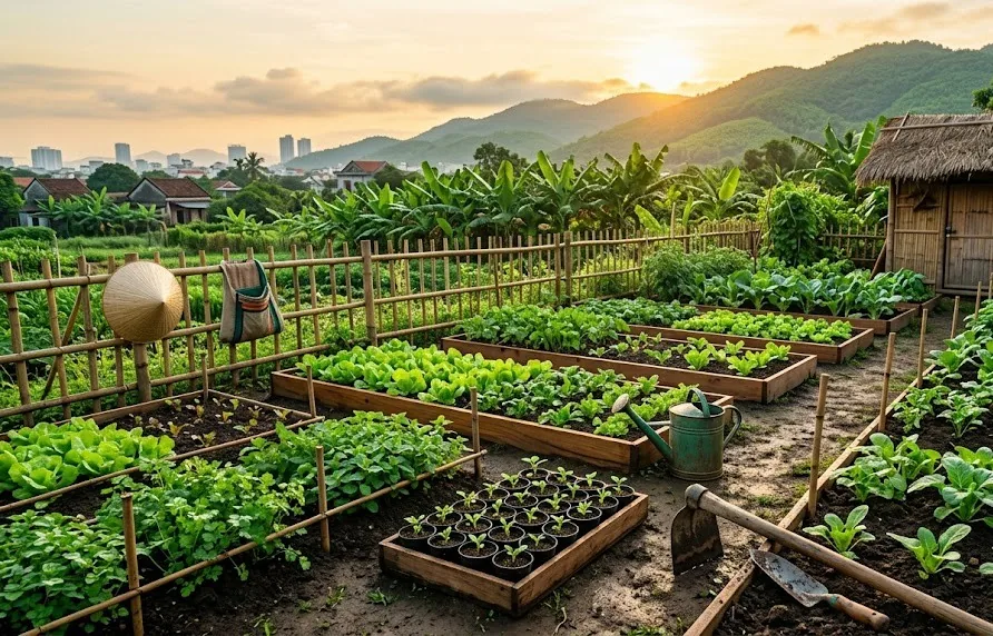Raised vegetable beds with seedlings, watering can and hoe in a village garden at sunrise