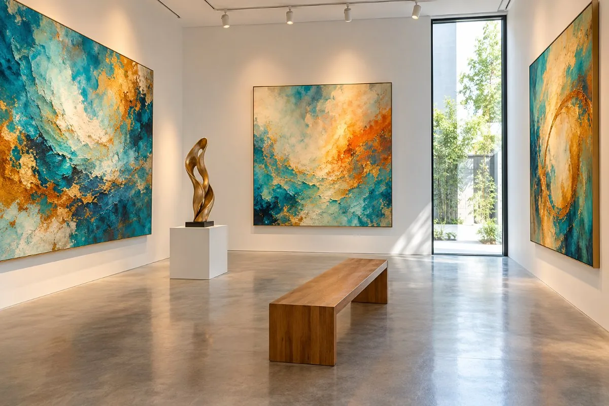 White walled gallery with large abstract paintings, a bronze sculpture and a bench