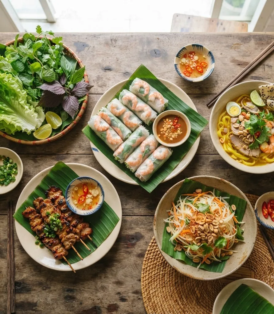Table spread with fresh rice paper rolls, turmeric noodle soup, papaya salad and grilled pork skewers