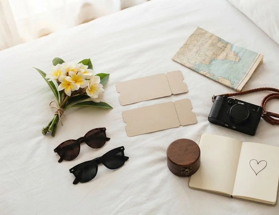 Romantic trip planning flat lay with flowers, tickets, sunglasses, camera and a notebook heart