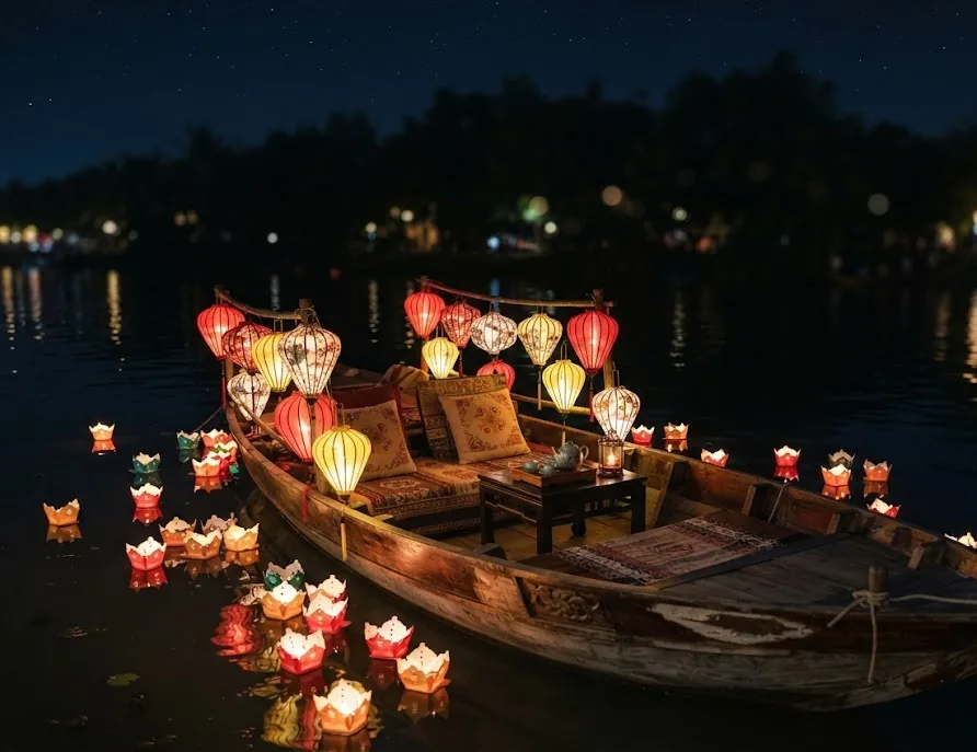 Lantern-lit wooden boat with seats for two among floating candles on a river at night