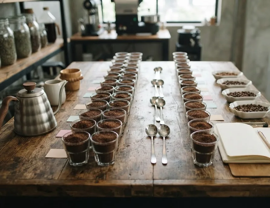 Coffee cupping table with rows of glasses of ground coffee and cupping spoons