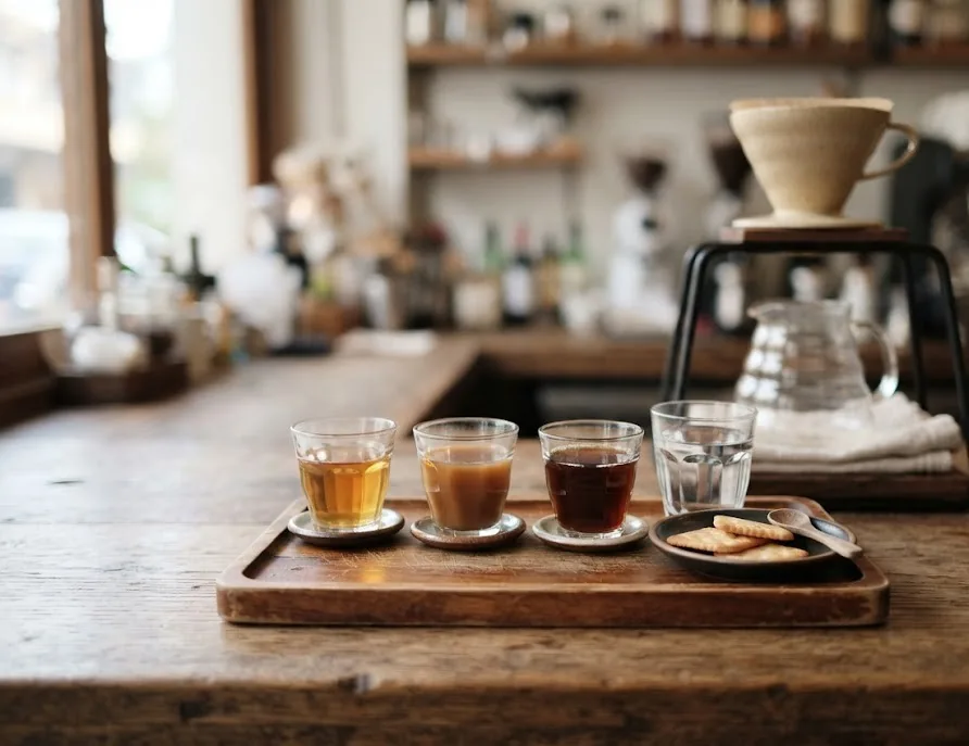 Coffee tasting flight of three filter coffees with water and crackers