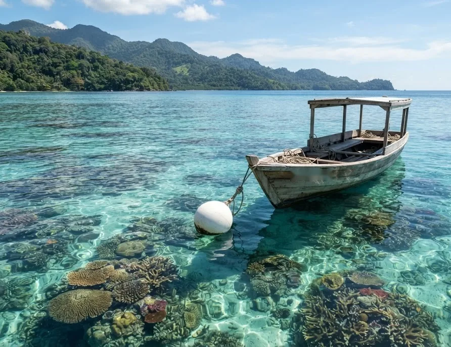 Small wooden boat tied to a mooring buoy above a coral reef instead of anchoring