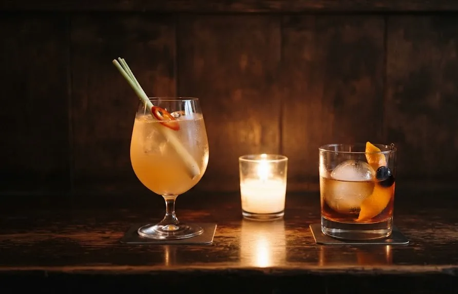Lemongrass chili cocktail and an amber cocktail with a clear ice cube beside a candle