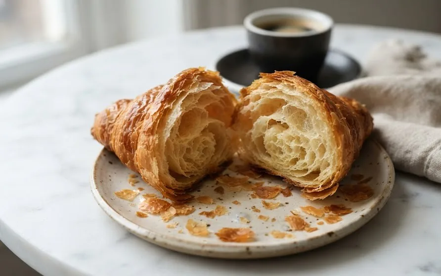 Butter croissant torn in half showing flaky layers and honeycomb crumb beside a cup of black coffee