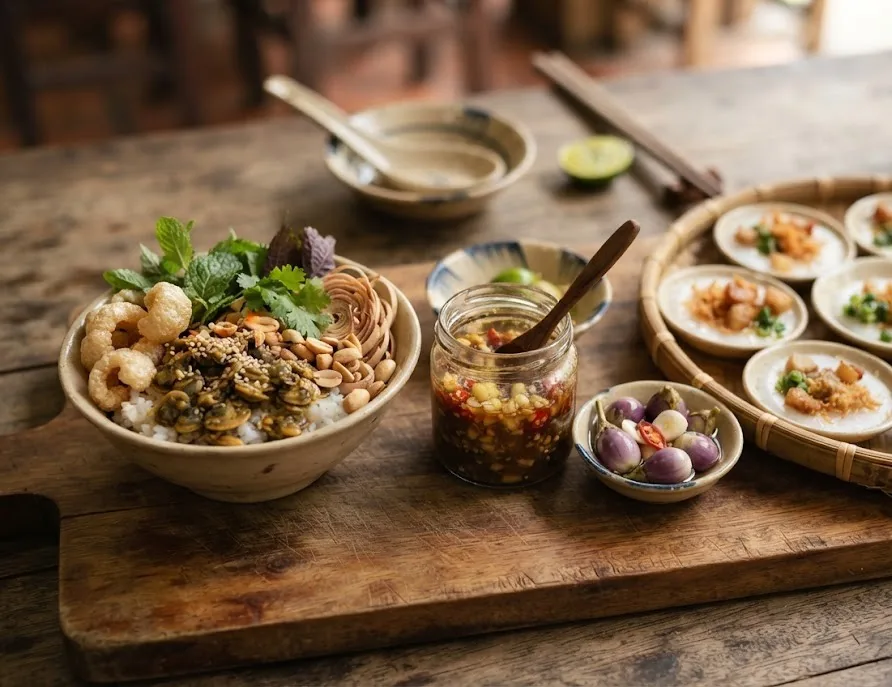 Baby clam rice, fermented anchovy sauce, pickled eggplants and tiny steamed rice cakes