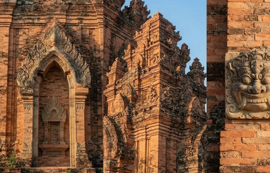 Close-up of Cham temple architecture with arched false door and carved details