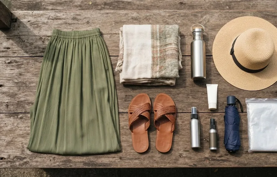 Flat lay of a respectful temple visit kit with shawl, sandals, hat and water bottle