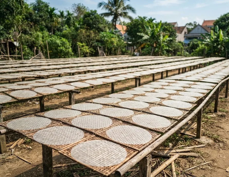 Rows of rice paper sheets drying on bamboo racks in a village yard