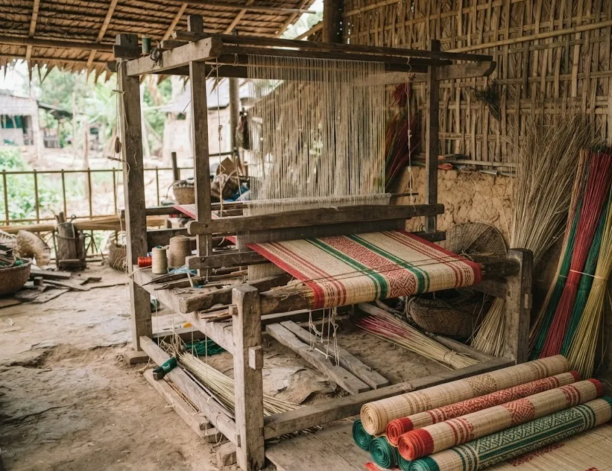 Traditional wooden loom with a half-woven striped sedge mat