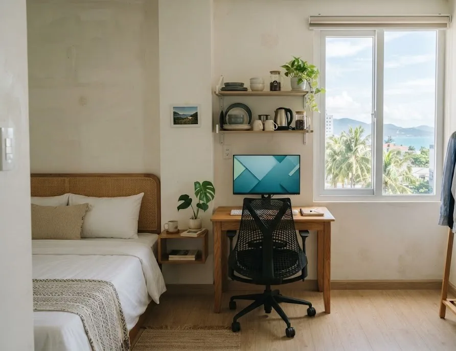 Co-living studio with a bed, work desk and monitor beside a window with a sea view