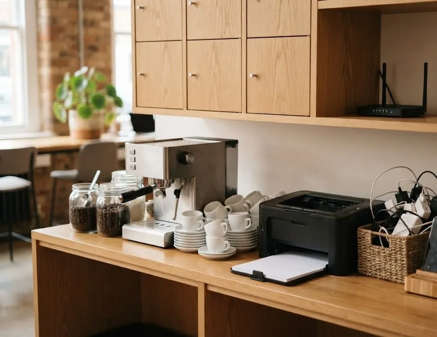 Co-working amenities: espresso machine, printer, lockers, router and charging cables