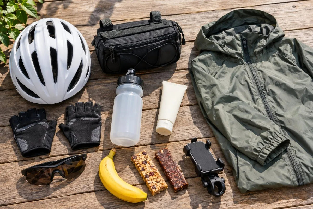 Bike helmet, gloves, handlebar bag, bottle, sunscreen, snacks, phone mount and rain jacket