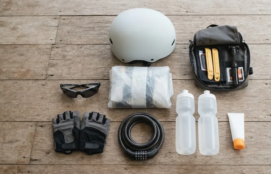 Helmet, rain poncho, bike lock, repair kit, water bottles, gloves, sunglasses and sunscreen