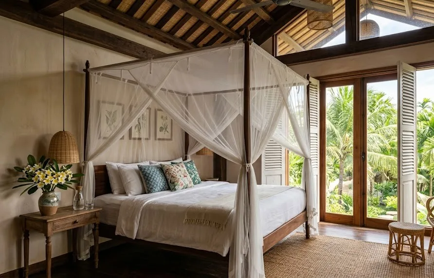 Cottage bedroom with a canopy bed and shutters open to palm trees