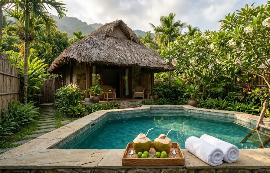 Thatched roof cottage with a private plunge pool, towels and coconuts