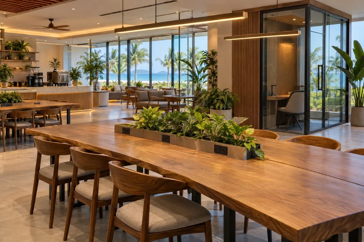 Hotel coworking lounge with shared wooden tables, power outlets and a phone booth