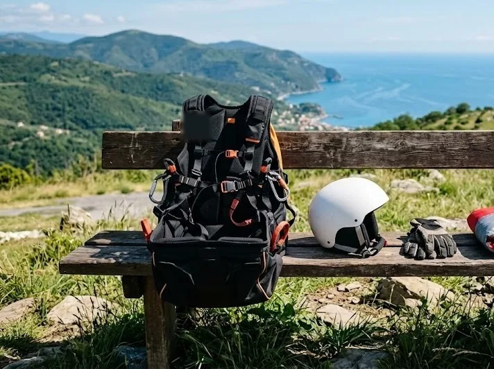 Paragliding harness, helmet and gloves on a wooden bench above the coast