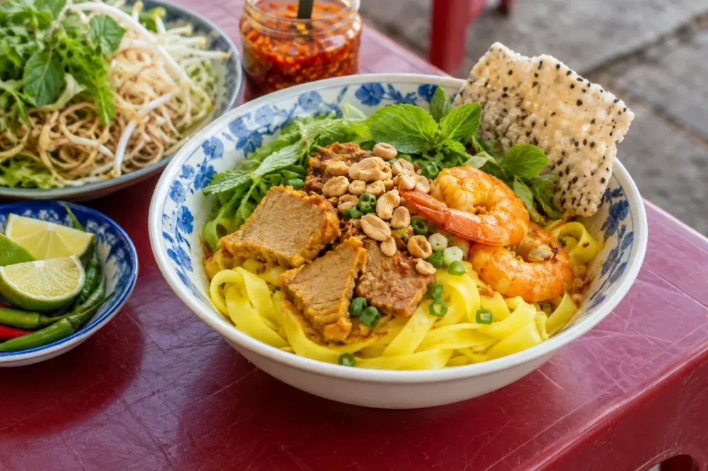 AI illustration: Mi Quang noodles with pork, shrimp and herbs