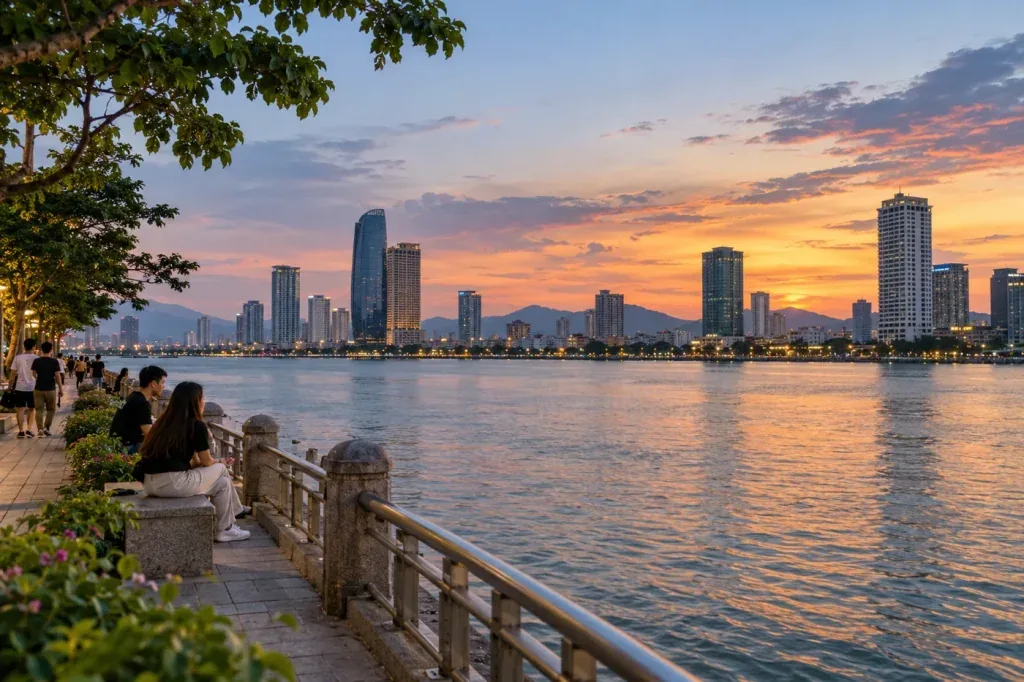 AI illustration: A riverside promenade at dusk