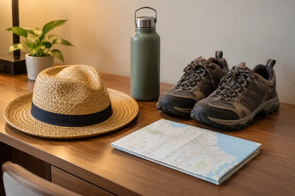 AI illustration: Hat, walking shoes and water for a city visit