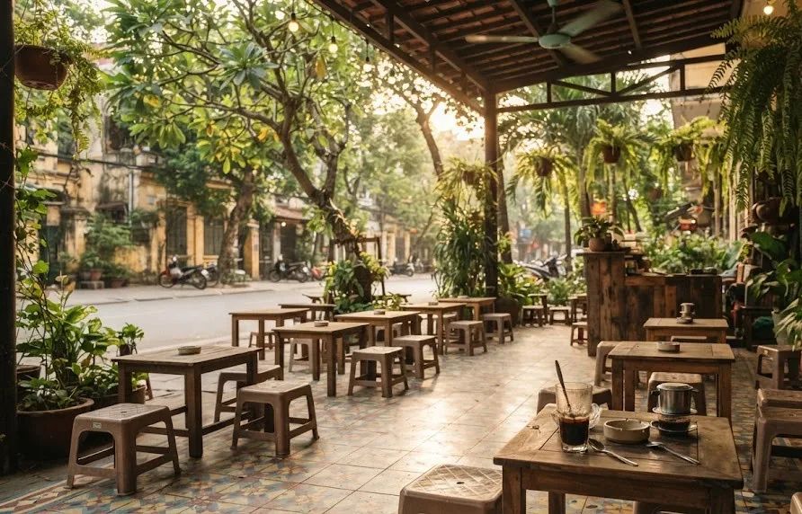 Open-air cafe terrace with low wooden tables, plastic stools, hanging ferns and a tiled floor