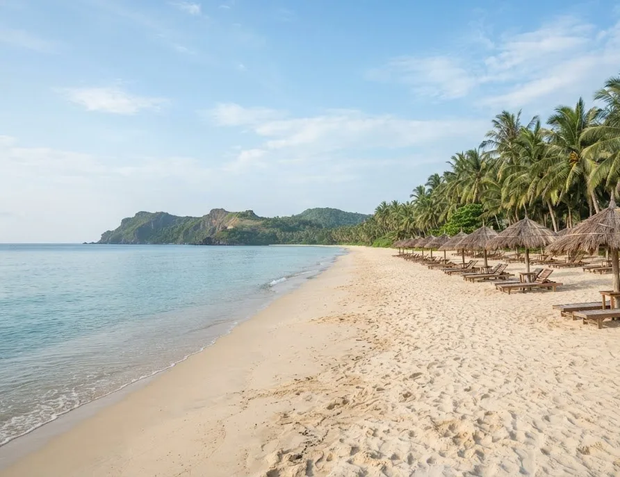 Wide sandy beach with wooden loungers under thatched parasols, palms and a green headland