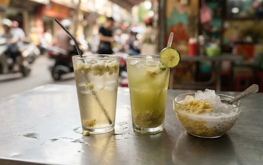 Iced jasmine tea, sugarcane juice with lime and a bowl of mung bean coconut dessert on a steel table