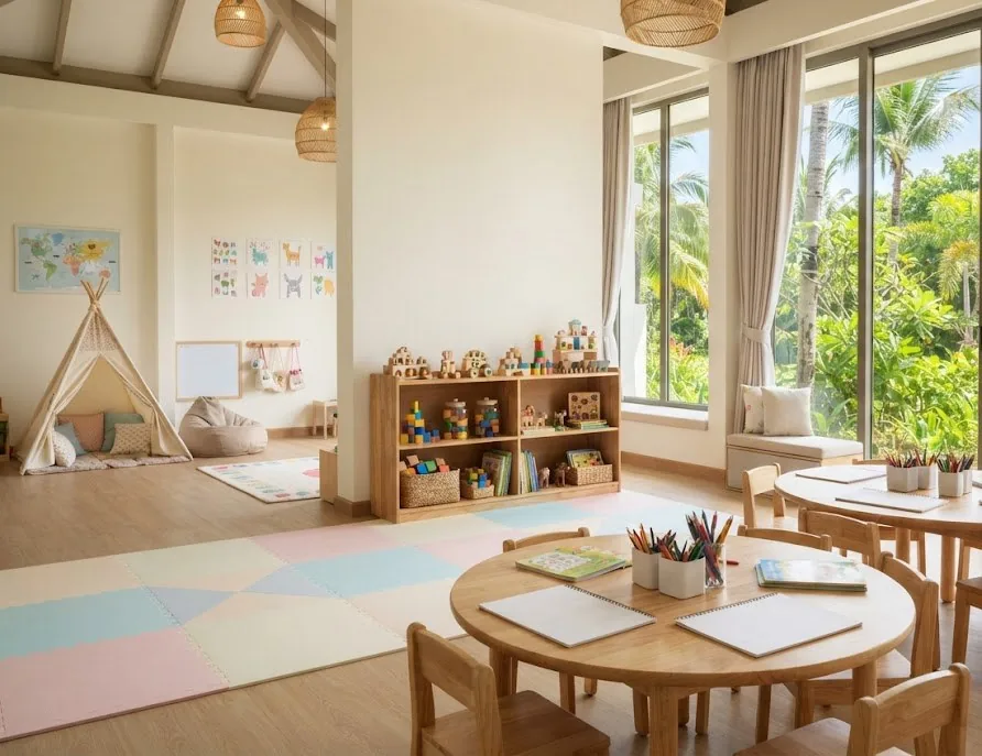 Bright resort kids club playroom with wooden tables, crayons, a play tent and foam mats