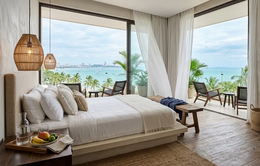 Designer bedroom with rattan lamps, white linen and an open balcony overlooking palms and the sea