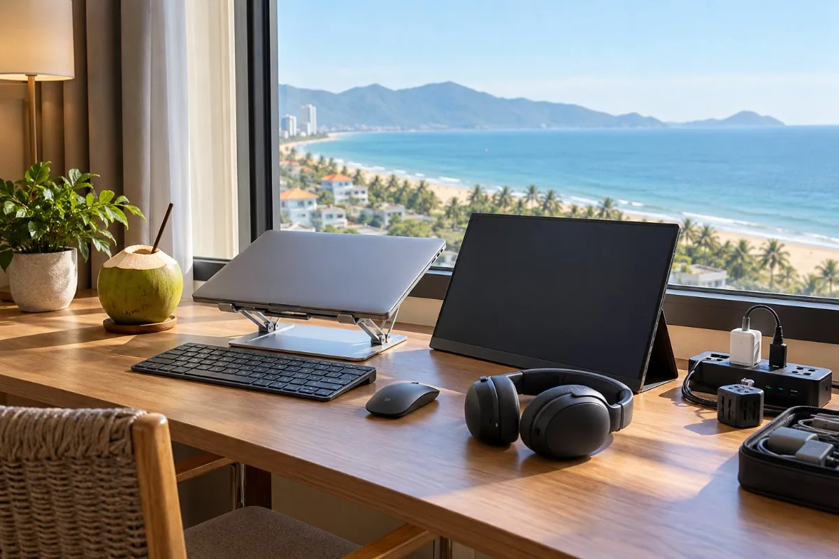 Laptop stand, portable monitor, keyboard, headphones and power strip on a desk by the sea