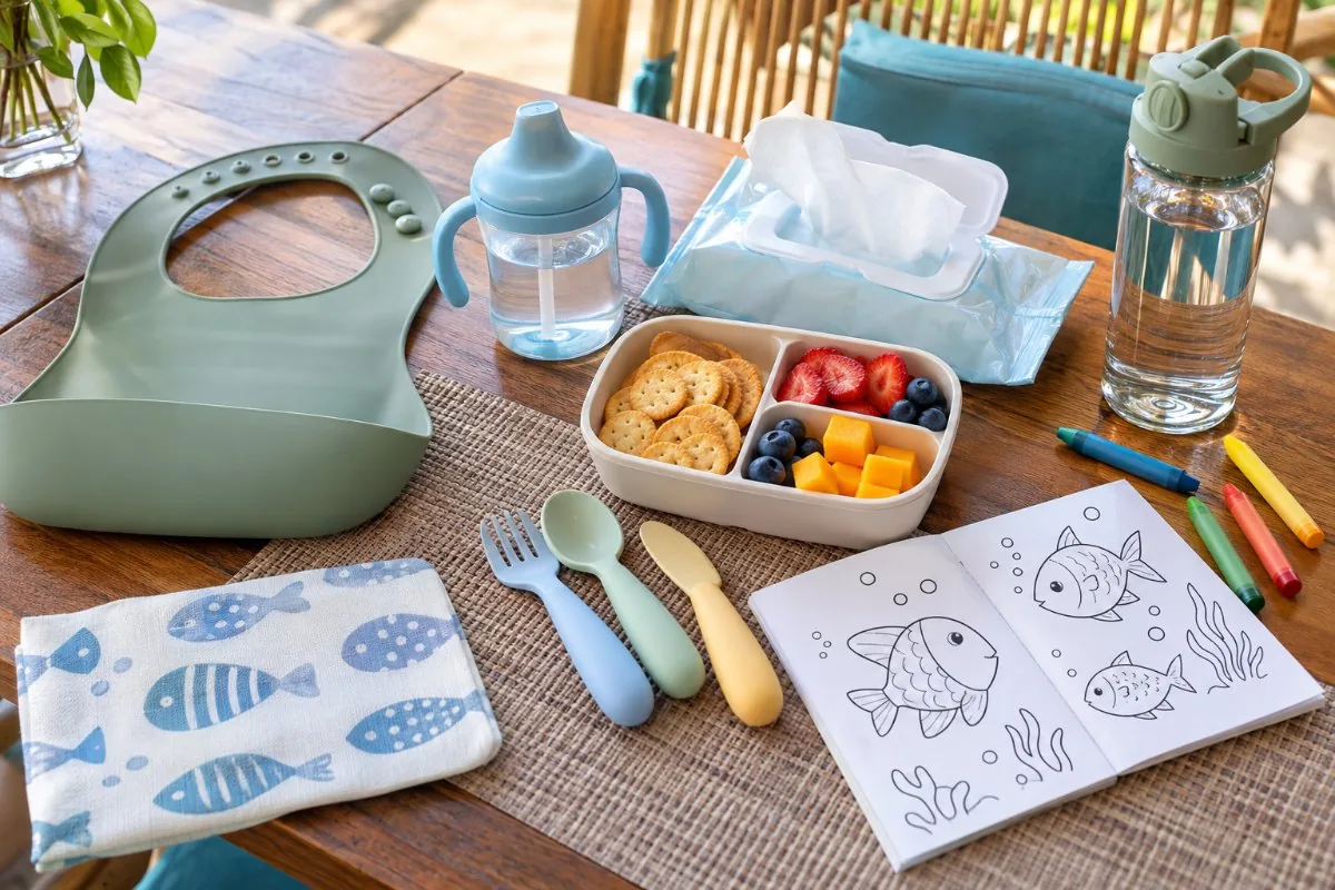 Silicone bib, sippy cup, wipes, snack box, kids cutlery, water bottle and a coloring book